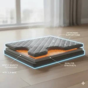 Diagram illustrating the orthopedic support and gentle warmth provided by the heated pad for senior pets.