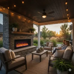 Cozy covered patio with comfortable seating and a large outdoor electric fireplace, extending use into cooler evenings.