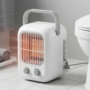 A compact, portable fan heater with a carry handle, perfect for quickly warming up a small bathroom or other tight spaces.