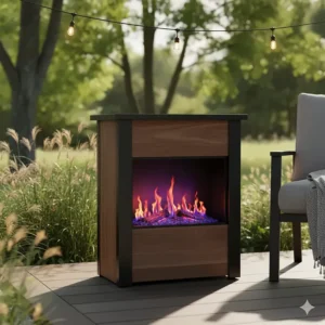 A portable, freestanding outdoor electric fireplace with a contemporary cabinet design, perfect for a deck or balcony.