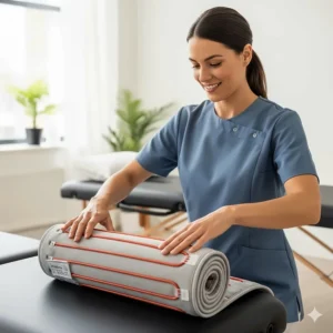 A therapist is seen rolling up a foldable massage table heating pad, demonstrating its lightweight and portable design, making it perfect for mobile massage practitioners.
