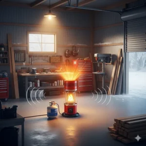 An illustration of a portable propane heater effectively warming a large, uninsulated garage, demonstrating its versatility and high heat output for workshop use.