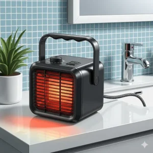 A cartoon illustration of a portable small heater for the bathroom, ready to be moved and placed anywhere.