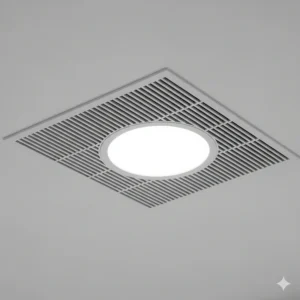 A close-up of a quiet bathroom fan's grille, highlighting the low-profile design and bright, energy-efficient LED light.
