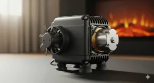 A visual representation of a low-noise blower motor specifically designed for quiet operation in an electric fireplace.