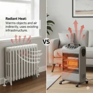 A side-by-side comparison of a radiator heater and a portable space heater, illustrating the key differences in how they heat a room.