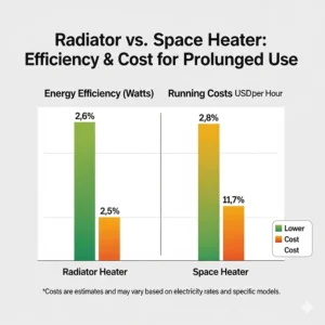 A chart comparing the energy efficiency and running costs of a radiator heater versus a space heater for prolonged use.