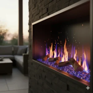 Detailed view of the highly realistic 3D flame effect inside an outdoor electric fireplace, showcasing the visual appeal.