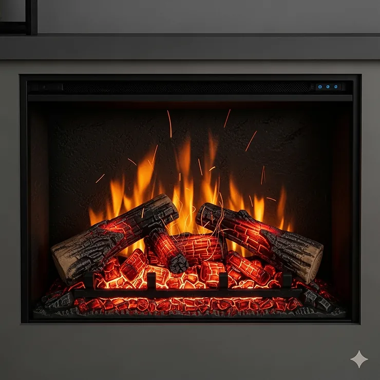 Realistic electric log inserts with flickering LED flames and glowing embers, providing the ambiance of a real wood-burning fire.