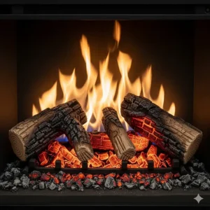 Ultra-realistic electric logs with detailed ember beds and a random flame pattern, designed to mimic a real fire.