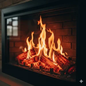 Close-up shot of the realistic LED log set and flickering flames inside a modern rustic electric fireplace insert.