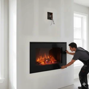 An image demonstrating the recessed installation of a wall mount electric fireplace, showing how it can be flush-mounted into a wall for a seamless look.