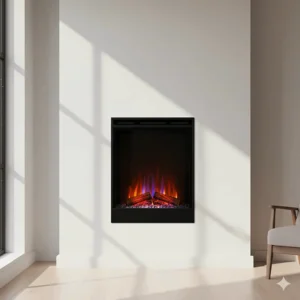 An image of a recessed vertical electric fireplace, flush with the wall for a seamless, built-in look.