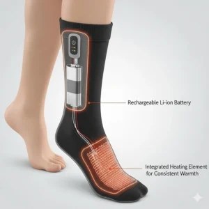 An illustration showing the internal battery pack and heating element of rechargeable heat socks for women, highlighting the technology for consistent warmth.
