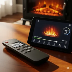 A remote control and handheld display showing various settings for a freestanding electric fireplace, including flame brightness and heat level.