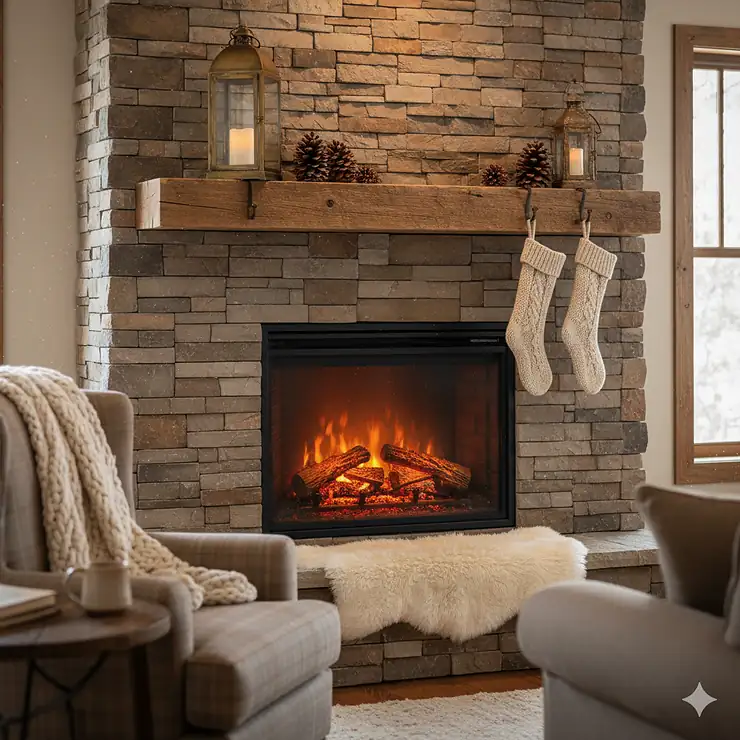 A warm and cozy living room featuring a rustic electric fireplace with a stone mantel and realistic LED flames, providing heat and ambiance.