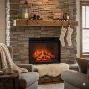 Decor ideas featuring a rustic electric fireplace mantel styled with pine cones, vintage lanterns, and cozy knit stockings.