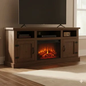 Dark wood rustic electric fireplace TV stand console holding a large screen, integrating a firebox and media storage for a cozy entertainment area.