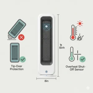 An iconographic illustration showing key safety features to look for in the best bathroom heater, including tip-over protection and an overheat shut-off sensor.