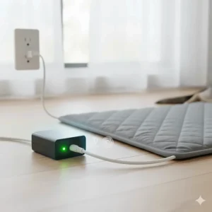 Icon showing the low-voltage operation and safety certification label of the heated pet mat.