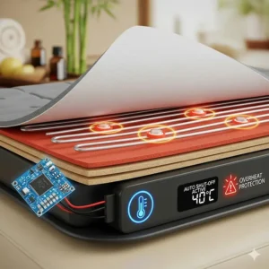 A visual representation of a massage table heating pad's built-in safety features, such as an automatic shut-off function and overheat protection, ensuring a secure and worry-free therapeutic experience.