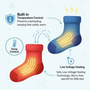 An illustration highlighting the safety features of children's heated socks, such as built-in temperature control and safe, low-voltage heating technology.