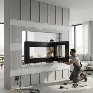 Detailed illustration showing the simple installation of a see through electric fireplace into a dividing wall.