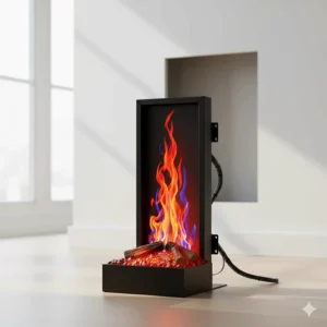 An electric fireplace insert with a vertical design, ready to be installed into a custom wall opening.