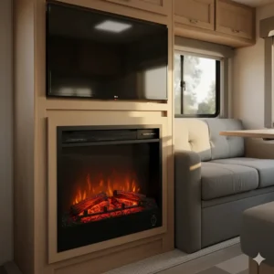 A compact, 26-inch RV electric fireplace that is perfect for smaller motorhomes and travel trailers, offering supplemental heat.