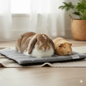 A small heated bed mat designed specifically for rabbits, guinea pigs, or other small animals.