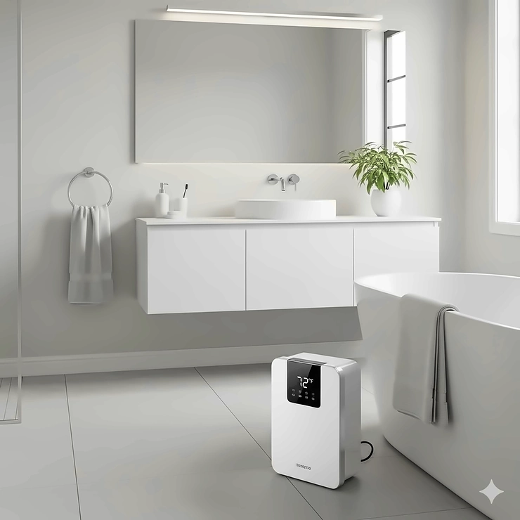 A sleek, white small heater with a digital display sits on a bathroom counter, ready to provide warmth.