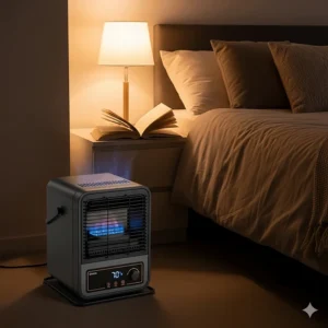 A small, compact indoor propane heater sitting in a bedroom, illustrating its quiet operation and perfect size for providing supplemental heat to small rooms.