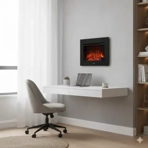A compact wall mount electric fireplace placed in a small apartment or home office, showing its versatility for smaller spaces.