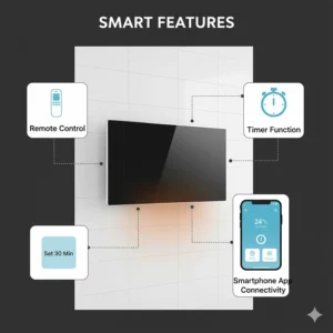 An icon-based illustration showing the smart features of a high-tech infrared bathroom heater, including a remote control, timer function, and smartphone app connectivity.