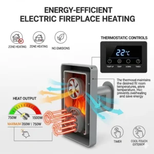 An image of a smart remote control and smartphone app interface used to operate a ceiling mount electric fireplace, adjusting flame color, heat, and timer settings.