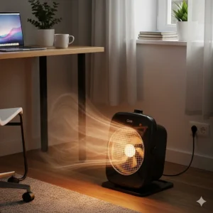 A compact space heater on the floor of a home office, demonstrating its quick, fan-forced heat to warm a small area.
