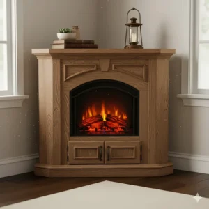 Space-saving rustic corner electric fireplace unit with a weathered oak finish, fitting neatly into a room's corner while adding warmth.