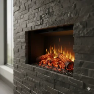 Close-up view of a stacked stone rock fireplace electric insert, highlighting the texture and color of the faux stones.