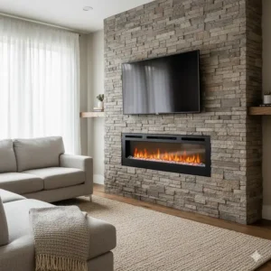 Contemporary design with a faux stone surround around a corner electric fireplace.