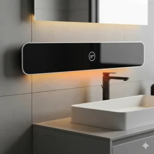 A close-up shot of a stylish, minimalist infrared heater that blends seamlessly with modern bathroom decor.