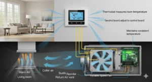 A graphic demonstrating how a thermostat-controlled blower automatically adjusts fan speed to maintain a comfortable room temperature.