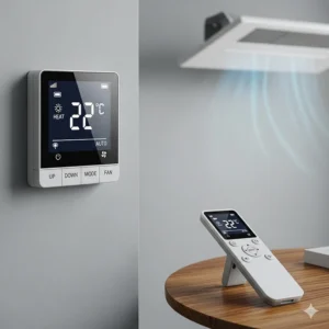 A digital wall thermostat with a remote control, used to easily adjust the temperature settings of a ceiling heater for optimal comfort and energy savings.