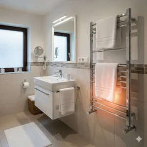 A heated towel rack serving as both a towel warmer and a gentle heat source for a small bathroom.