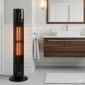 A tall, oscillating tower heater designed to efficiently distribute warmth throughout a medium-sized bathroom.