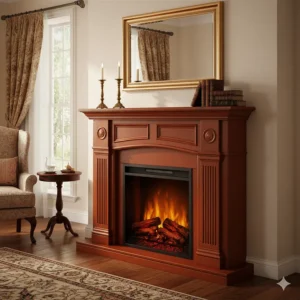 Classic cherry wood traditional electric fireplace mantel with detailed moulding and carvings.