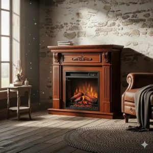 A traditional freestanding electric fireplace with a classic dark wood finish and ornate detailing, complementing a rustic room.