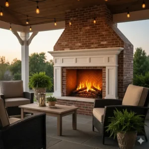 A traditional-style outdoor electric fireplace with a realistic faux log set and brick interior for a classic patio look.