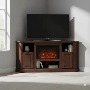 TV stand corner electric fireplace unit with storage shelves in a dark finish.