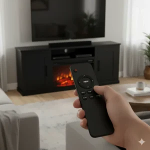 Hand holding the remote control, highlighting the heat and flame settings for the black electric fireplace TV stand.