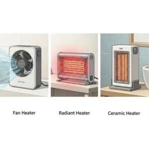 An illustration of different small heater types suitable for a bathroom, including a fan heater and a radiant heater.